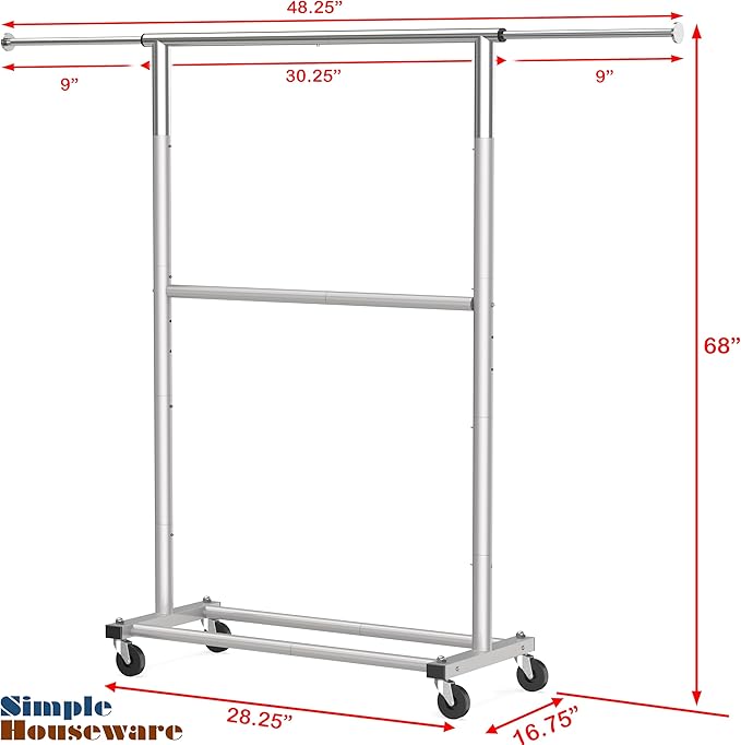 Simple Houseware Double Rod Garment Rack, Grey