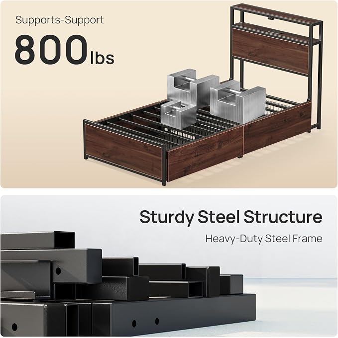 Rolanstar Twin Bed Frame with 4 Storage Drawers, Charging Station and LED Lights