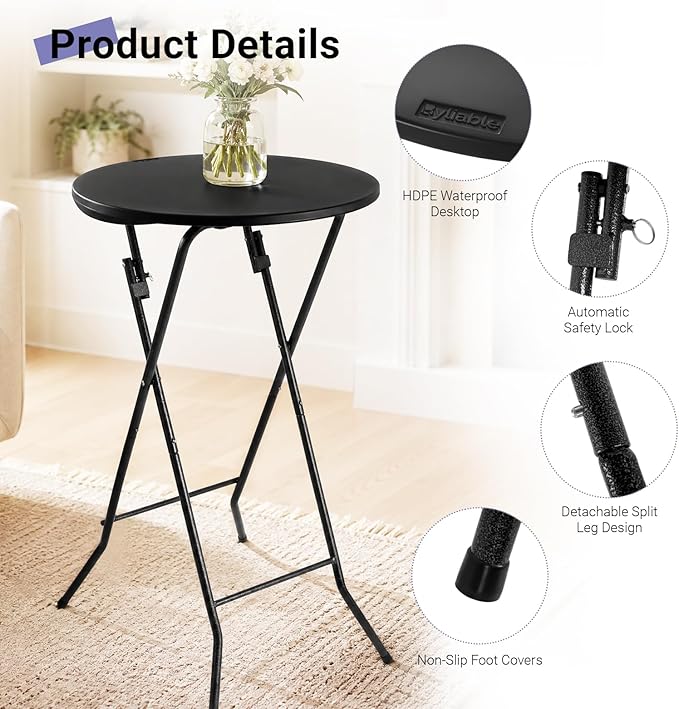 Byliable 24in Round Cocktail Table, Bar Height High Top Foldable Bistro Table with Removable Legs, Portable Plastic Indoor Outdoor for Patio, Party, Backyard, Events, Black