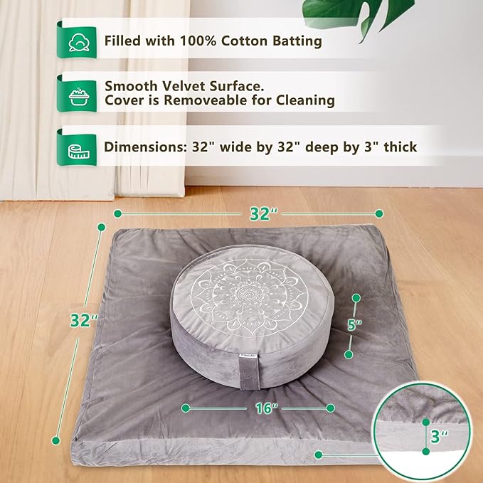 Hihealer Meditation Cushion, Traditional Tibetan Meditation Pillow Velvet Cover - Large Floor Cushion Seating for Adults - Yoga Buckwheat Bolster for Women、Moms
