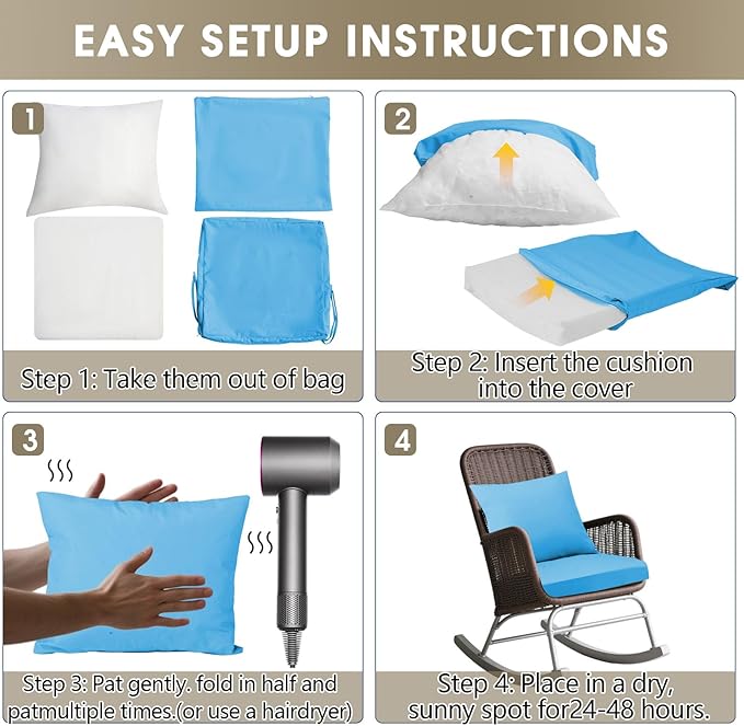 Outdoor Seat Cushion Set 24 x 24 In, Water-Resistant & Fade-Resistan, Patio Furniture Cushions with Removable Cover Deep Seat & Back Cushion with Handle and Adjustable Straps for Chair Sofa,2PC