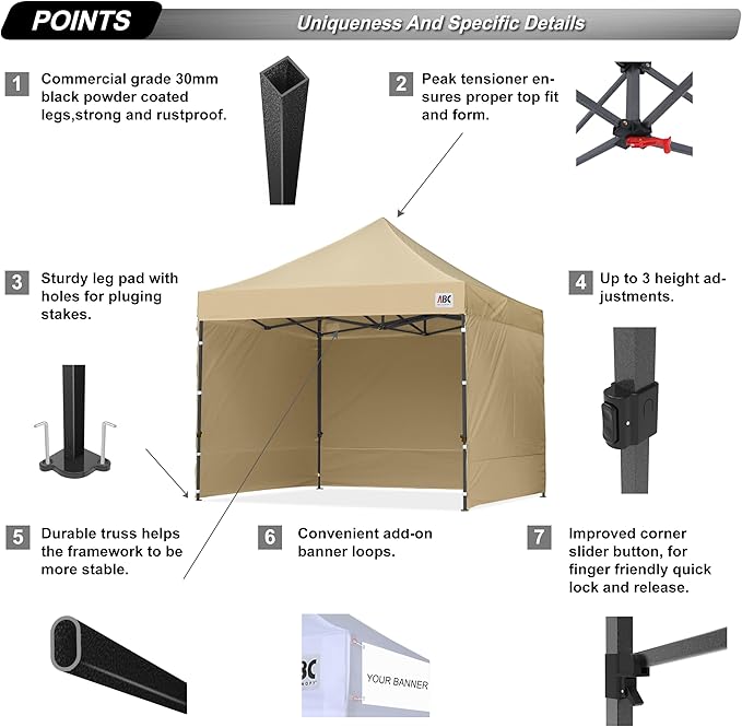ABCCANOPY Heavy Duty Easy Pop up Canopy Tent with Sidewalls 10x10, Beige