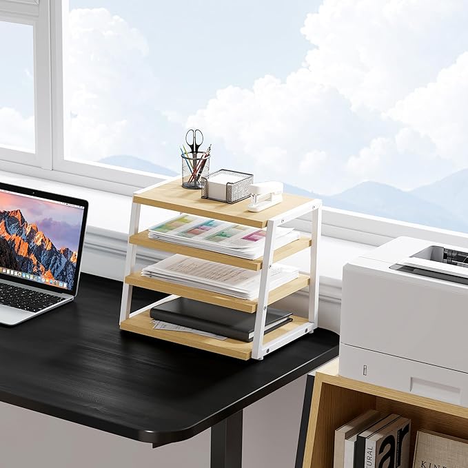 Fenge Desk Shelf Organizer, 4 Tier Desktop Shelf, Wood and Metal Office Shelves, Corner File Organizer for Office Supplies, Top of Desk Organizers and Accessories
