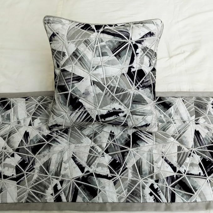 The HomeCentric King/Queen/Twin Grey Decorative Twin 53"x18" Bed Runner with Pillow Cover, Print & Embroidery Bed Scarf on Cotton Fabric - Grey Angular