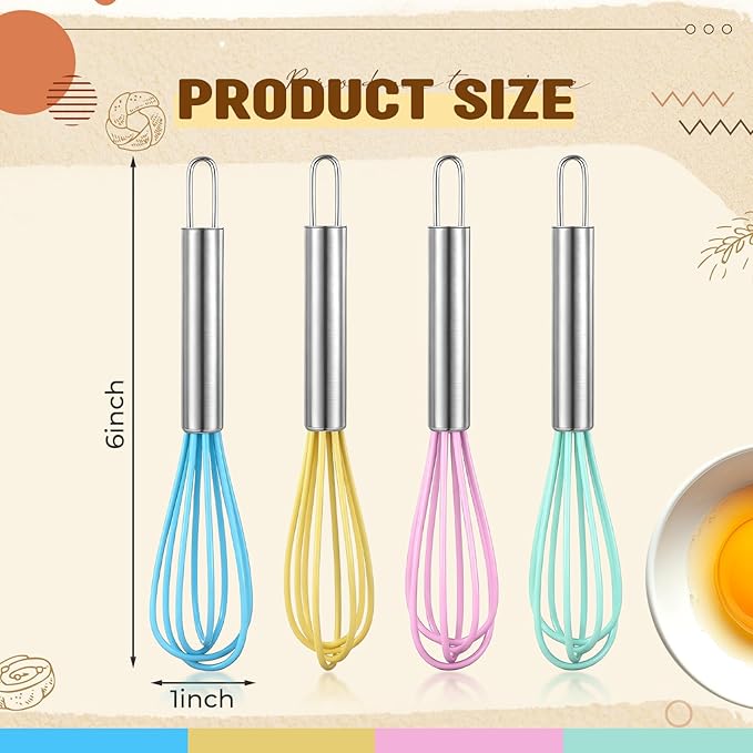 Baderke 12 Pcs 6 Inch Mini Silicone Whisks Handle Non Stick, Macaron