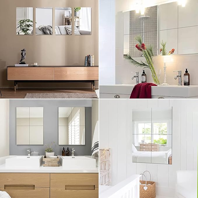 JUNEBRUSHS 4 Pack Self Adhesive Acrylic Mirror, 4X 6 Inch Mirror Tiles,Flexible Plastic Sheets Wall Stickers, 2MM Thick Mirror,Frameless Small