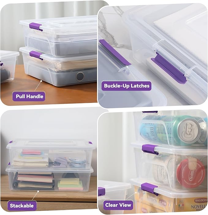 novelinks Clear Plastic Storage Bins with lids, Stackable Storage Containers, Durable Craft Storage Boxes, Organization Containers for Home Office (10 Quart 4 Pack Purple)