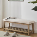 Zihanhome Entryway Bench, Chenille Upholstered Shoe Benches for Bedroom, Ottoman Bench with Solid Wood Shelf, Storage Benches for Hallway, Living Room(Beige)