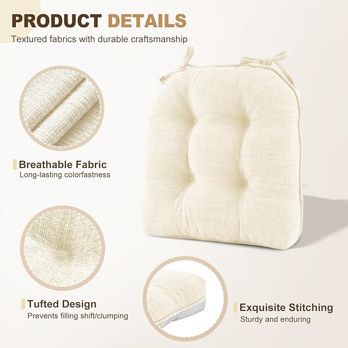downluxe Indoor Chair Cushions for Dining Chairs, Tufted Overstuffed Textured Foam Kitchen Chair Pads with Ties and Non-Slip Backing, 15.5" x 15.5" x 4", Beige, 4 Pack