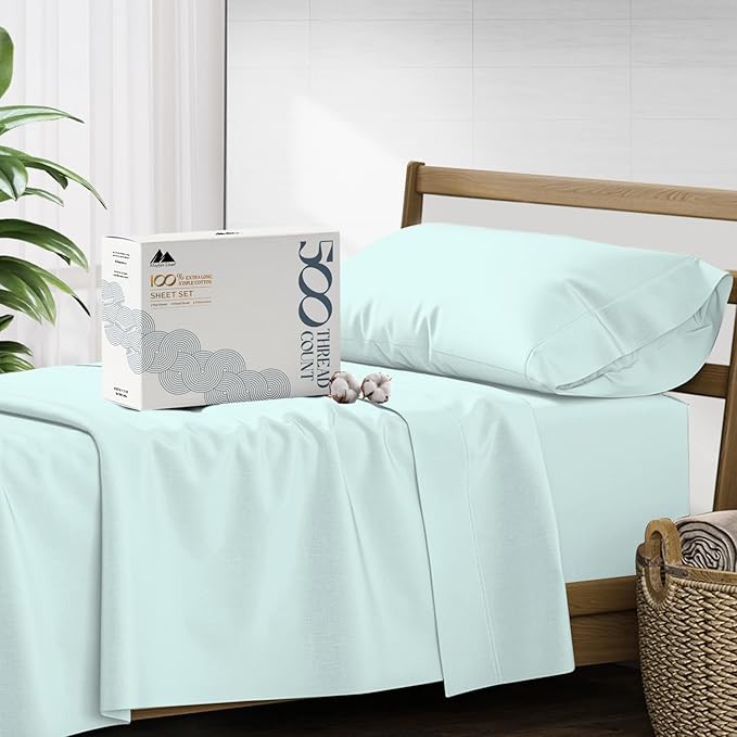 Mayfair Linen 500 Thread Count Twin Cotton Sheets - 3 PC Twin Size Bed Sheet Set Cotton (Sea Foam), Soft, Cooling, Sateen Hotel-Quality 16" Deep Pocket Bedsheet for Hot Sleepers (Fits 18" Mattress)
