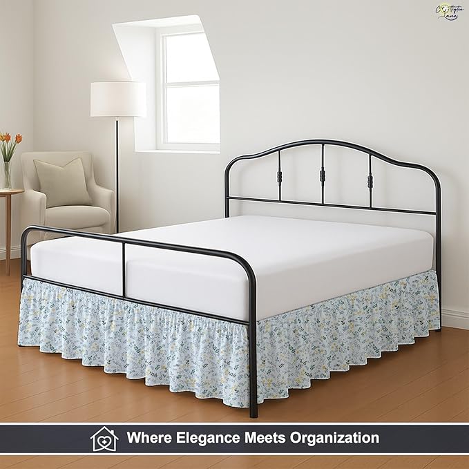 Cottington Lane Ruffled Bed Skirt Queen Size with Split Corner, Brushed Microfiber Hotel Quality Dust Ruffle, 21 Inch Drop Gathered Bedskirt, Soft, Stylish, Shrink & Fade Resistant, Garden Bloom