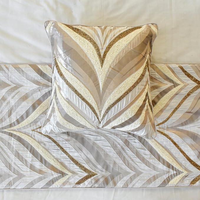 The HomeCentric King/Queen/Twin Ivory Luxury CA King 86"x18" Bed Runner with One Pillow Cover, Bead Hand Embroidery Bed Scarf on Jacquard Fabric - Clarissa Serene
