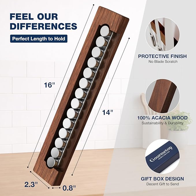 2026Updated Knife Magnetic Strip, 16” Magnetic Knife Holder for Wall, Knife Magnet, Magnetic Knife Strip, Magnetic Knife Holder for Fridge, Kitchen Essentials & Kitchen Organizer, Dark Acacia Wood