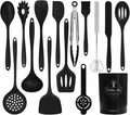 CQKEDMA Silicone Kitchen Utensils Set 15PC Cooking Utensils Set, Heat Resistant Kitchen Gadgets Sets for Nonstick Cookware with Holder, Turner, Tongs, Whisk, Spoons, Spatulas, Brush, Black