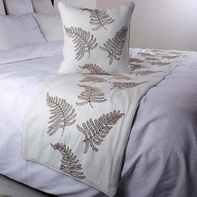 The HomeCentric White Bed Runner, King Size 90"x18" Decorative Bed Runner with 2 Matching Pillow Cover, White Linen Bed Scarf in Fern Embroidery & Pearl - Fern Blossom