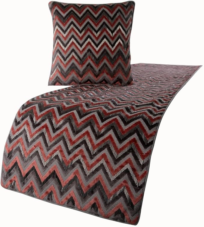 The HomeCentric Grey Bed Runner, King Size 90"x18" Decorative Bed Runner with 2 Matching Pillow Cover, Peach & Grey Velvet Bed Scarf in Bead Embroidery - Blushed Chevron