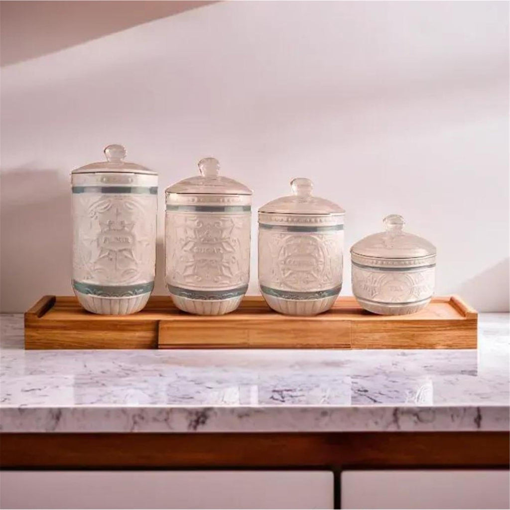 Young's Inc. 4 Pcs Set Casual Provincial Ceramic Canisters- Storage Container for Kitchen and Bathroom - Beautiful Home Decor Accent to Store Food, Coffee, Tea, and More - Green, White