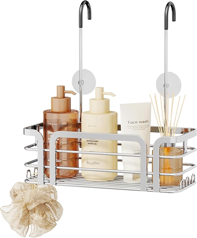 SWTYMIKI Shower Caddy Hanging Organizer - Over the Door Shower Caddy with 6 Hooks, 2 Installation Ways, Stainless Steel Rustproof Bathroom Organizer, Silver