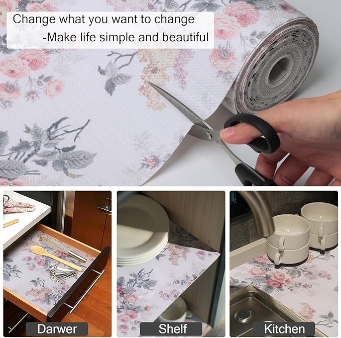 Drawer and Shelf Liner for Cabinets, Non-Adhesive and Strong Non-Slip Vintage Floral Shelf Cabinet Drawer Liners for Kitchen,Table,Bookshelves,Waterproof Cupboard Liners,12IN x 10FT