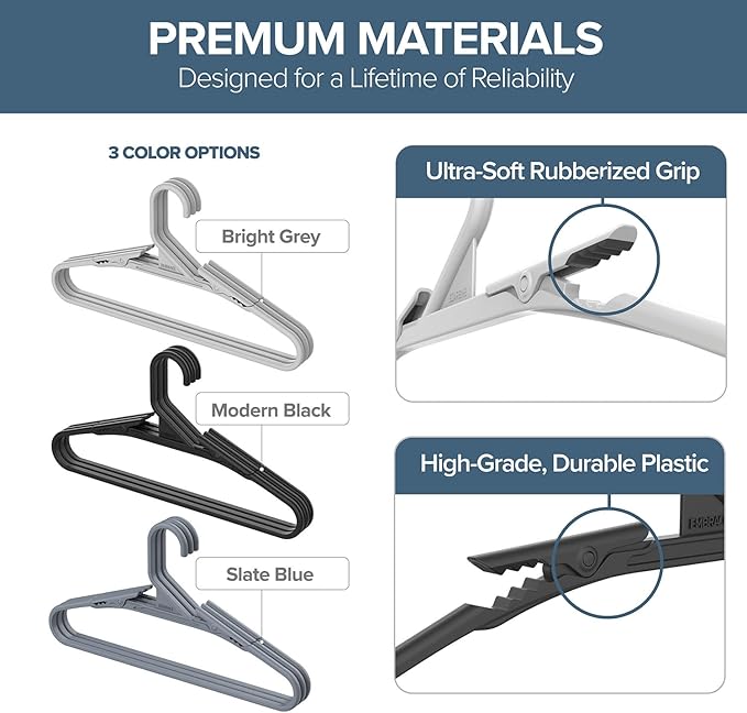 No Hassle-Hangers Best Clothes Hanger Ultra Soft Rubberized Grip Clip Keeps Garments in Place and Off the Floor. Perfect for Wide Neck Silks & Satin Tops, delicates, Athletic wear. (10, Bright Grey)