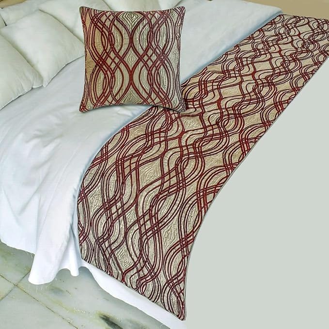 The HomeCentric King/Queen/Twin Brown Decorative Bed Runner Twin 53"x18" Bed Runner with One Pillow Cover, Quilted, Swirl Pattern Bed Scarf on Satin Fabric - Brown Swirls