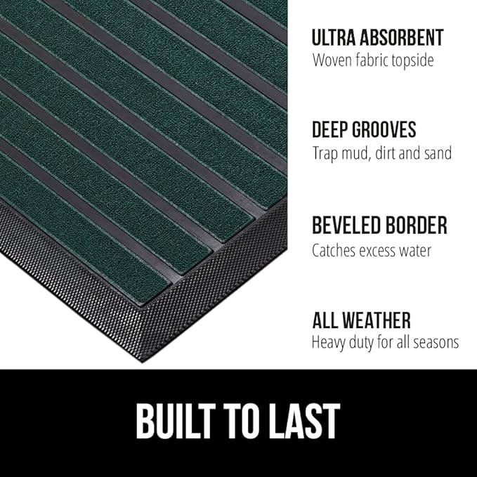 GORILLA GRIP 100% Waterproof All-Season WeatherMax Doormat US Designed Natural Rubber, Stain and Fade Resistant, Low Profile Indoor Outdoor Door Mats, Easy Clean Patio Mat, 17x29, Green Stripe