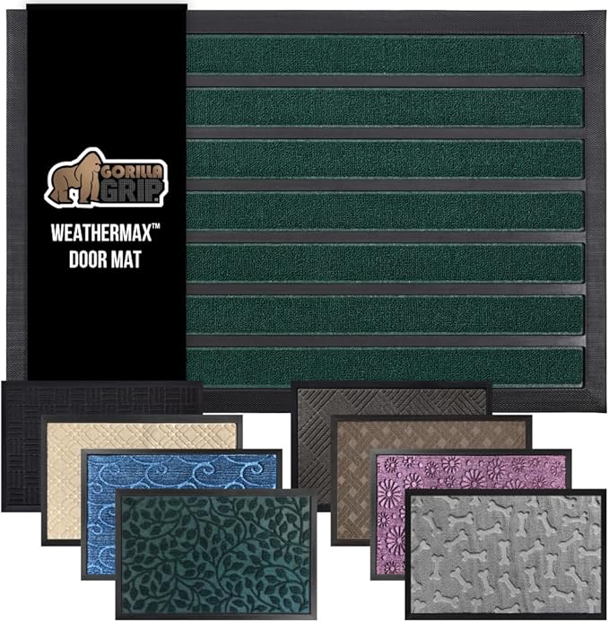 GORILLA GRIP 100% Waterproof All-Season WeatherMax Doormat US Designed Natural Rubber, Stain and Fade Resistant, Low Profile Indoor Outdoor Door Mats, Easy Clean Patio Mat, 17x29, Green Stripe