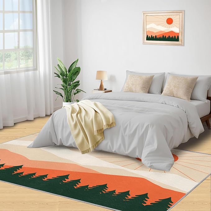 Boho Sun Runner Rugs 2x4ft, Minimalist Mountain Small Entryway Mats, Abstraction Deco Laundry Room Rug Non Slip Durable Throw Rugs for Front Door Bedroom Bedside