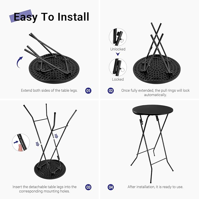 Byliable 24in Round Cocktail Table, Bar Height High Top Foldable Bistro Table with Removable Legs, Portable Plastic Indoor Outdoor for Patio, Party, Backyard, Events, Black