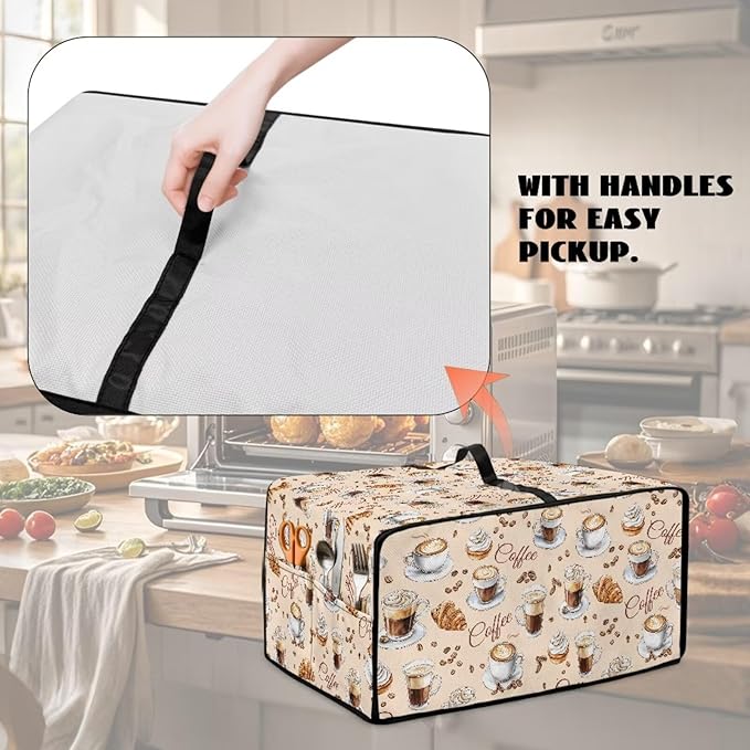 Waterproof Microwave Oven Dust Cover Heavy Duty Microwave Oven Grill Cover Dustproof Kitchen Machine Covers Case Protections for Toaster Oven, Coffee Cup Bean Bread Cream Print, L