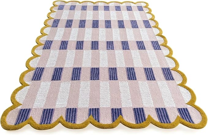 Hand-Tufted Wool Rug with Scalloped Edges, Light Blue Plaid Pattern, Cozy Soft Area Rug for Living Room, Bedroom, and Nursery, Handmade Modern Accent Rug (Pink, 12X15 FEET)