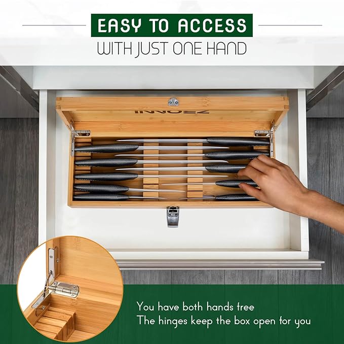 Bamboo Knife Lock Box & Kitchen Drawer Organizer with Key for Child Safety