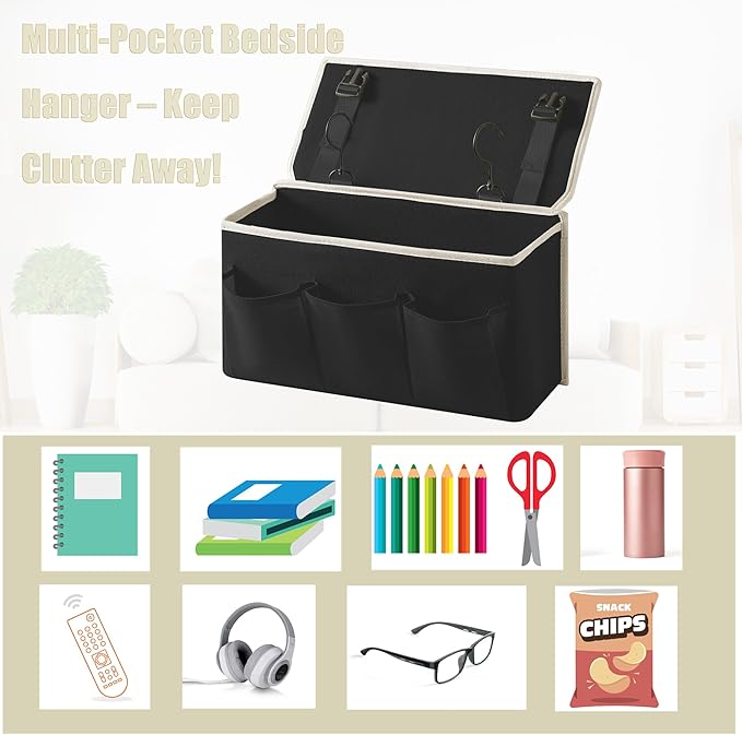 Bedside Caddy/Bedside Storage Organizer Hanging Bag with Three Options,Suitable for home beds, sofas, and dormitory beds—can hold magazines, books, phones, iPads, remote controls. (Black)