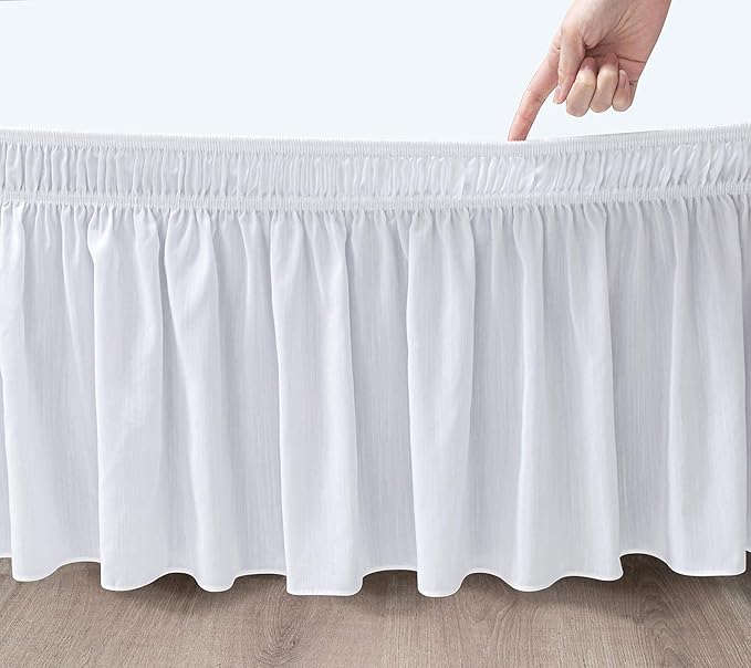 White Wrap Around Bed Skirts with 16" Drop - Three Sides Fabric Adjustable Elastic Dust Ruffle Silky Soft -600 TC Stretchy Bed Skirt-Short Queen(60"X 75") White