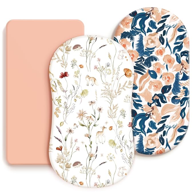 GRSSDER Stretchy Ultra Soft Fitted Bassinet Sheets 3 Pack, Universal Fit for Baby Cradle Moses Basket Oval Rectangle Mattress Safe and Snug, Dream & Blush Flora Stylish Print