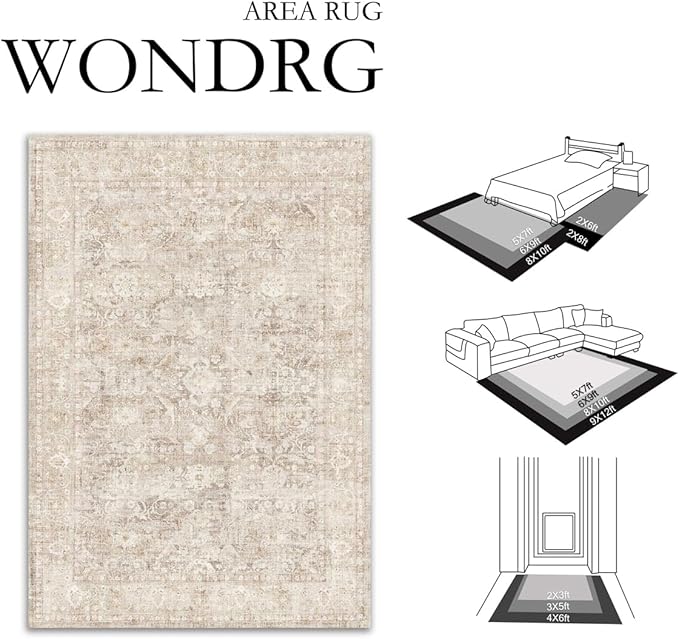 3x5 Beige Washable Area Rug for Entryway Neutral Soft Non Slip Carpet Low Pile Vintage Distressed Door Mat for Bathroom Bedroom Entrance Living Room