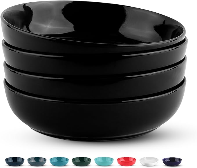 KooK Pasta Bowl, Salad Bowls, Soup, Serving Bowls, Ceramic, Large Capacity, Microwave & Dishwasher Safe, Set of 4, 40 Oz,(Black)