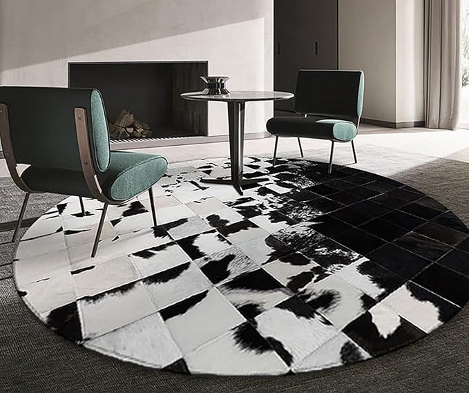 Cowhide Round Leather Rug 6x6 ft – Genuine Hair-On Hide Patchwork Area Rug for Living Room, Bedroom, Kids Playroom, Lounge & Western Home Decor
