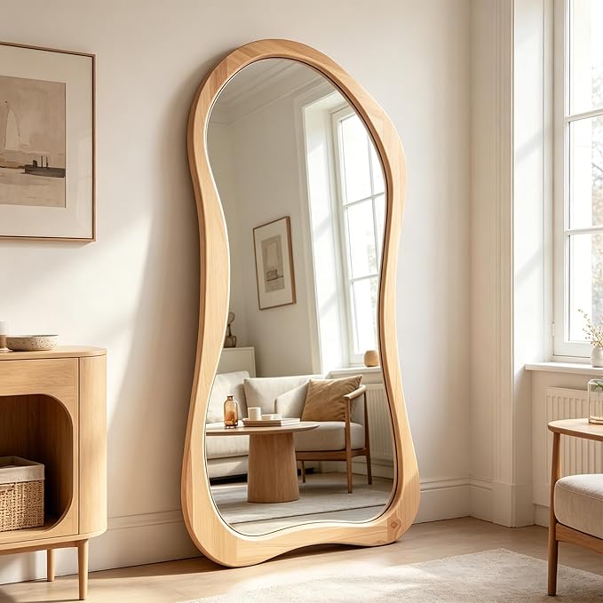 Irregular Full Length Mirror, 71"x33.5" Oversized Organic Floor Mirror with Solid Wood Frame, Asymmetrical Full Body Mirrors for Living Room Entryway Hallway Cloakroom, Leaning/Hanging