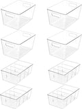 Vtopmart 4+4 Pack Clear Plastic Storage Bins Set, 4 Large Pantry Organizer Bins with Handle and 4 Medium 4-Compartment Food Storage Bins for Pantry, Kitchen, Fridge, Cabinet Organization