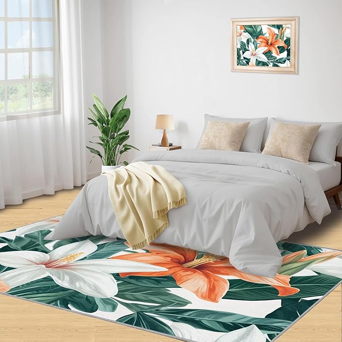 Lily Flowers Rugs for Bedroom - 4x5 Area Rug - Abstract 3D Flowers Rugs for Living Room, Tropical Plants Rug, Washable Home Decor Carpet