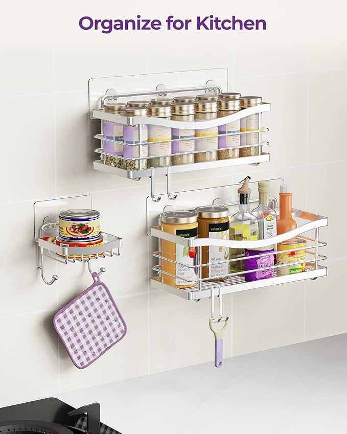 ODesign Shower Caddy 3 Pack-Shower Organizer Shelves Rack Rustproof SUS304 Stainless Steel for Bathroom Storage&Kitchen-No Drilling Adhesive Shower Caddy Shelf Dorm Room Essentials-Silver