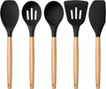 E-far Silicone Cooking Utensils Set, 5-Piece Black Kitchen Utensils Set with Wooden Handle for Cooking, Silicone Kitchen Nonstick Tools Spatula Turner Slotted Spoons, Nontoxic & Heat Resistant-Black