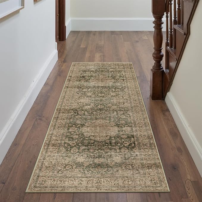 2x6 Washable Vintage Runner Rug Green Brown Hallway Kitchen Carpet Non-Slip Soft Low Pile Distressed Throw Rug for Bedroom Bathroom Laundry Living Room