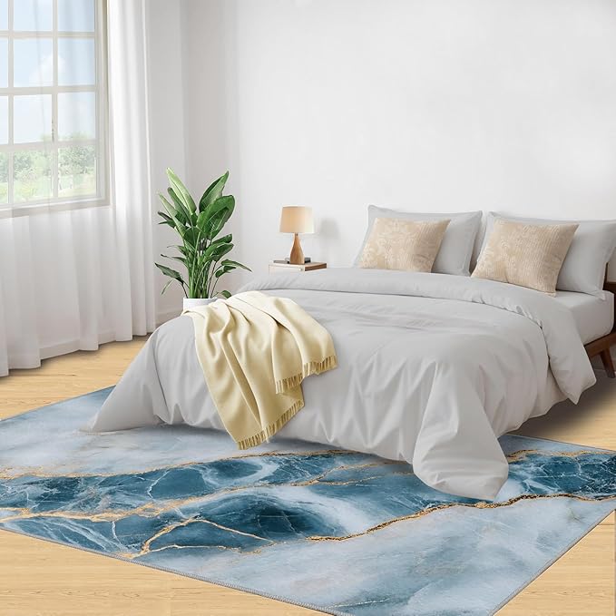 2x3 Abstract Marble Rugs for Entryway - Blue-White-Marble Small Area Rugs, Luxury Stone Pattern Laundry Room Carpet Non Slip Accent Throw Rug for Bathroom Kitchen Sink Front Door