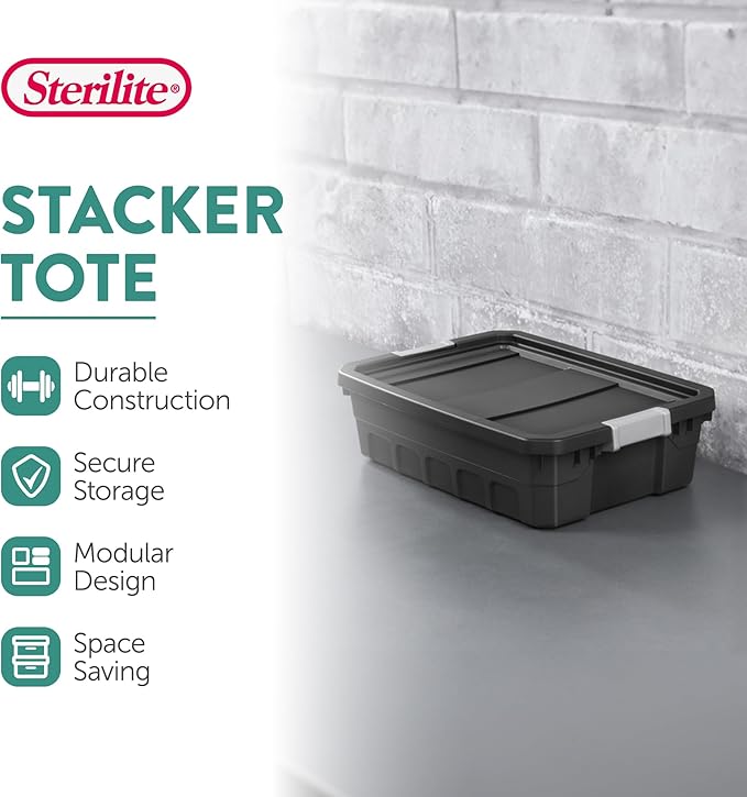 Sterilite 24-Pack Plastic Storage Bins with Lids, Stackable Containers, 10 Gallon, Black