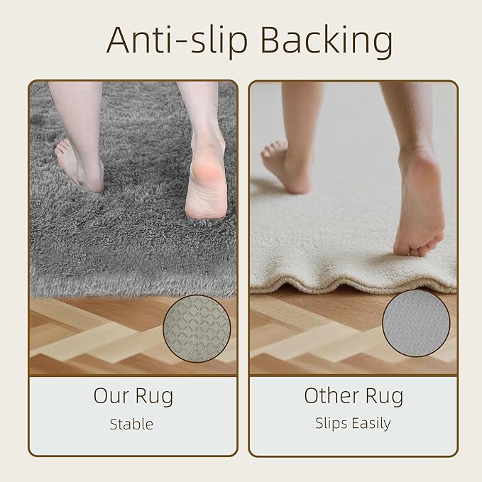 4x6 Solid Fluffy Grey Area Rug – Washable, Durable, Living Room Rug, Non-Slip High Pile Shag Rugs for Bedroom, Living Room, Bedside, Dorms, Nursery Rooms, Kids Room, Soft Indoor Floor Carpet