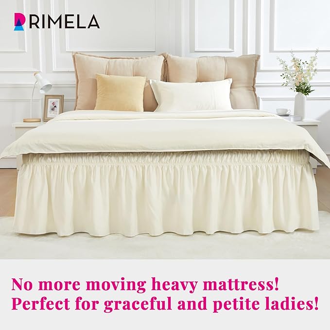 RIMELA Ivory Bed Skirt Queen Size 18 Inch Drop, Elastic Bed Skirting for Bed Base and Frame, Bedding Dust Ruffle Easy to Install, Lightweight Wrap Around Adjustable Bedskirt