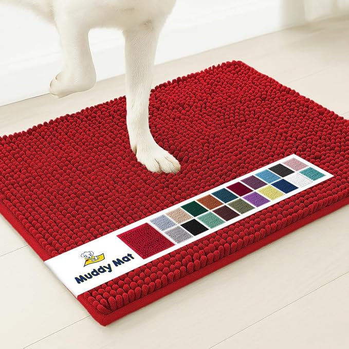 Muddy Mat® AS-SEEN-ON-TV Highly Absorbent Microfiber Door Mat and Pet Rug, Non Slip Thick Washable Area and Bath Mat Soft Chenille for Kitchen Bathroom Bedroom Indoor and Outdoor - Red 5ft x 7ft