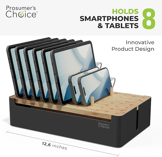 Prosumer's Choice Black Wooden Charging Station Organizer for Multiple Devices - Cable Management Box with 5 Slots and Removable Dividers - Charger Organizer for Phone, Tablet, Home, Office, 12"x6"x7"